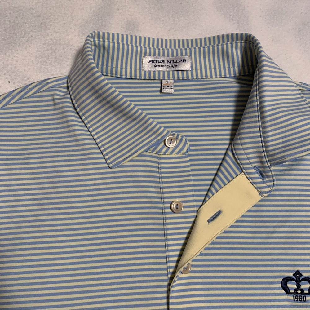 Peter Millar Summer Comfort Golf Polo Shirt Blue Yellow Striped Men’s Sz L